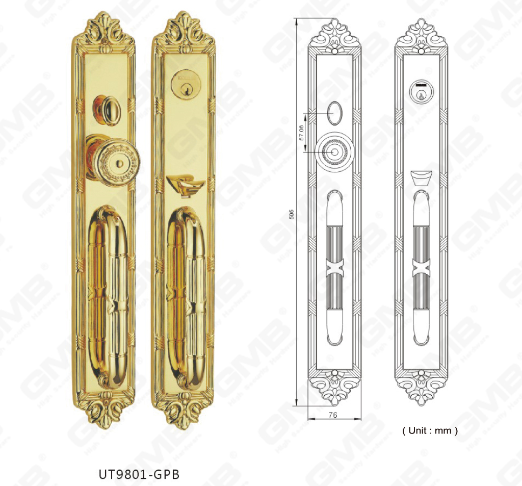 Aplicación de manija de puerta de villa exterior de latón cerraduras lujosas americanas locd (UT9801-GPB)