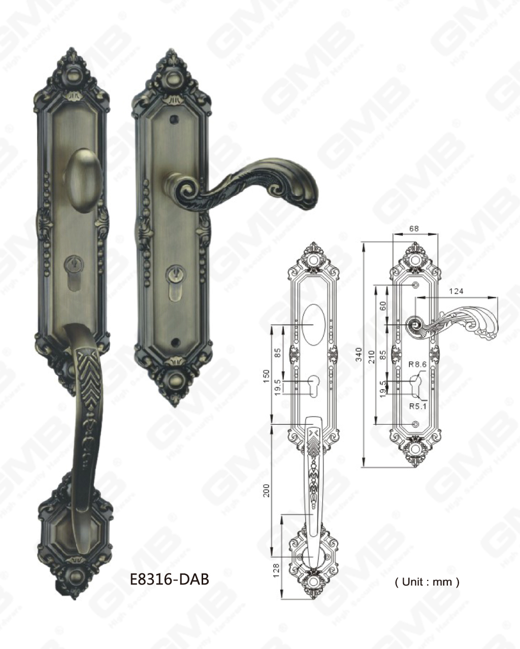 Manija de puerta exterior de aleación de zinc de alta seguridad Dim Latón antiguo Chavetero personalizado (E8316-DAB)