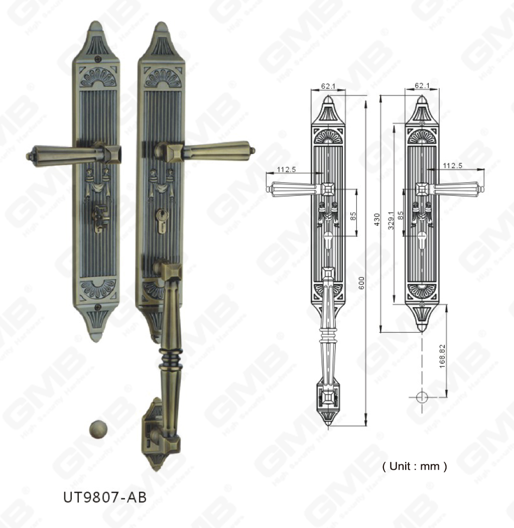 Manija de puerta exterior de latón de alta seguridad para puerta de entrada (UT9807-AB)