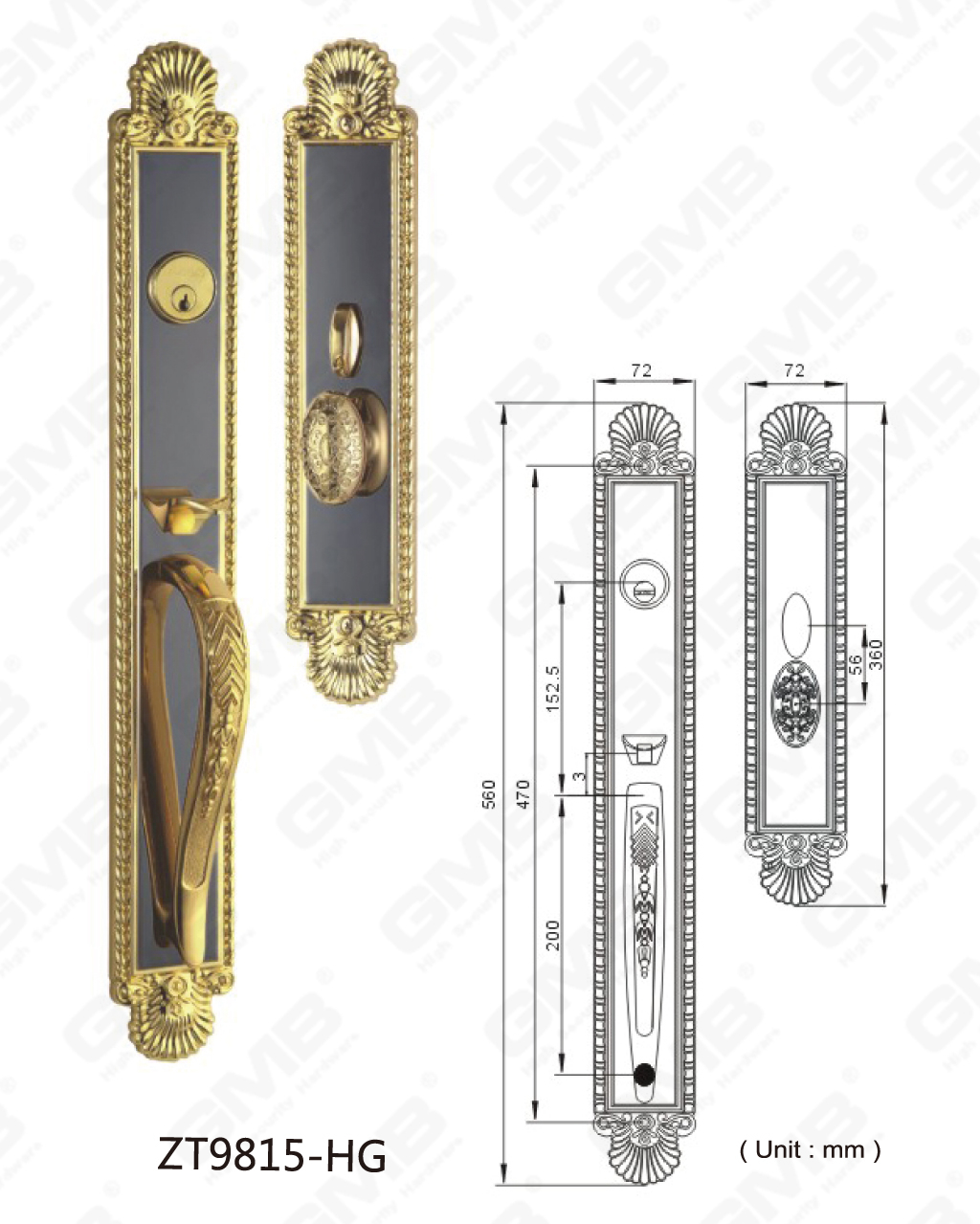 Manija de puerta exterior de aleación de zinc de alta seguridad Grosor de puerta estándar 38-55 mm (ZT9815-HG)