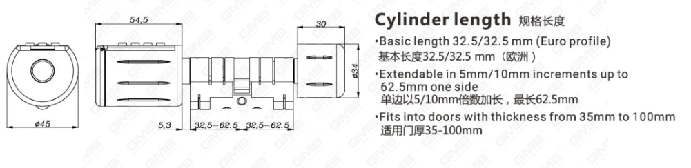 Formas múltiples de alta seguridad de la contraseña IP66 Contraseña de huellas dactilares sin llave Wifi Digital Modular perfil modular Tuya/TT App Smart Electronic Lock Cylinder (5D01)