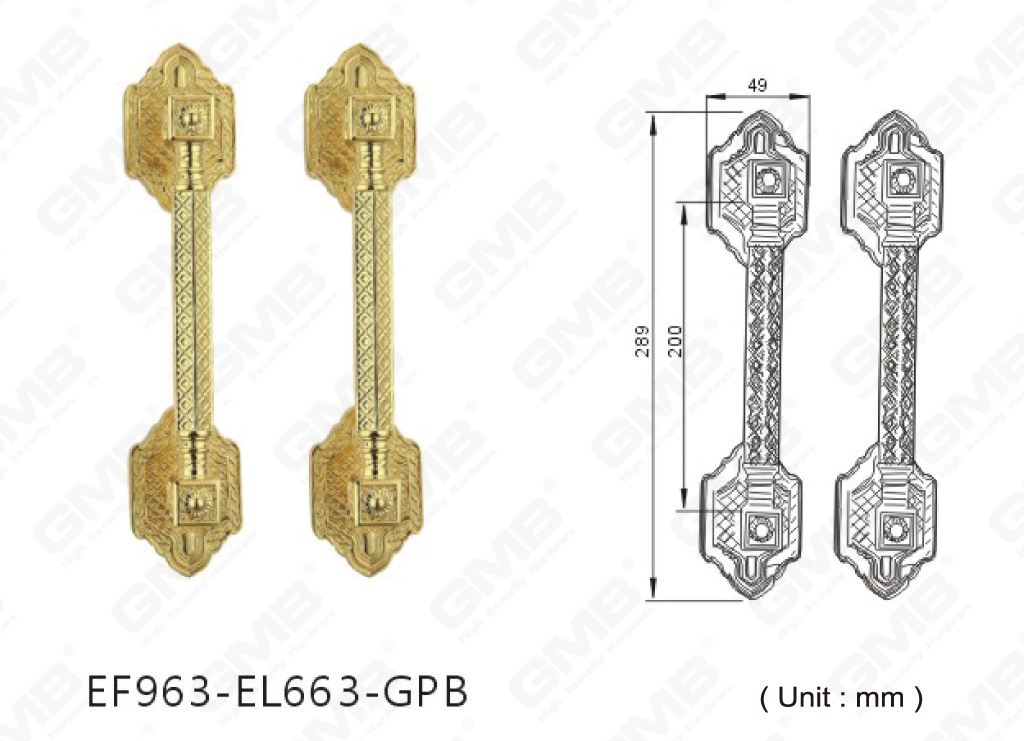 Tirador clásico de aleación de zinc grande para puerta exterior de lujo personalizado (EF963-EL663-GPB)