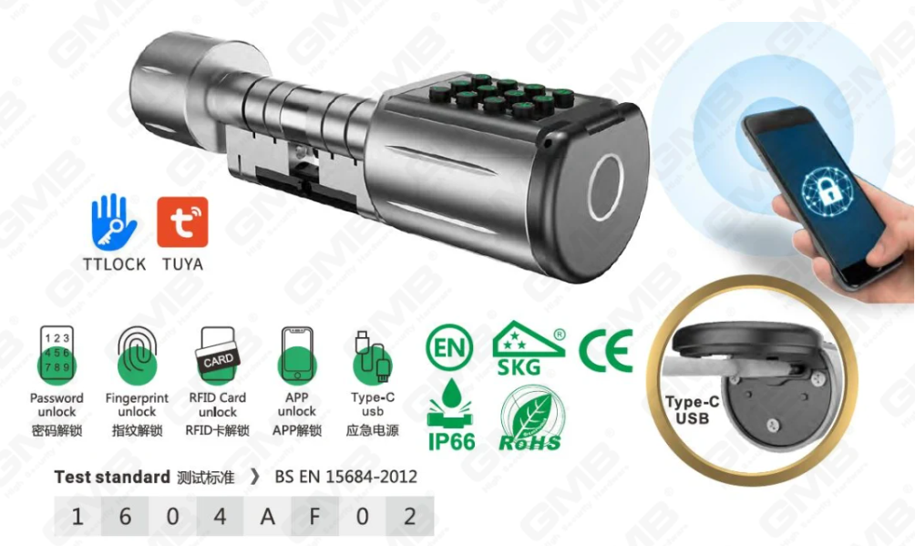 Formas múltiples de alta seguridad de la contraseña IP66 Contraseña de huellas dactilares sin llave Wifi Digital Modular perfil modular Tuya/TT App Smart Electronic Lock Cylinder (5D01)