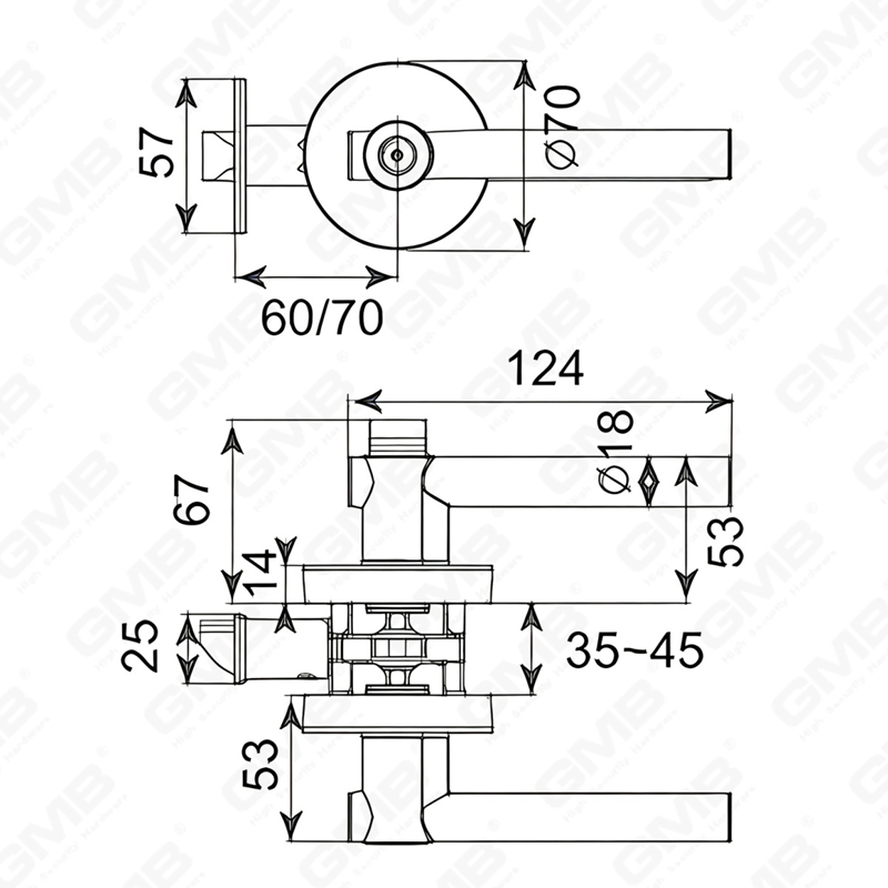 Serie de cerradura de puerta con palanca tubular de alta resistencia, cerradura de manija de puerta de entrada con roseta redonda de aleación de zinc （B2025）