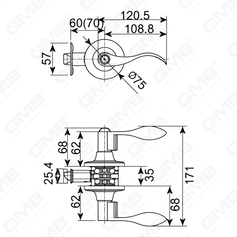 Cerradura de palanca cilíndrica comercial tubular con botón pulsador de aleación de zinc estándar ANSI UL (8005)