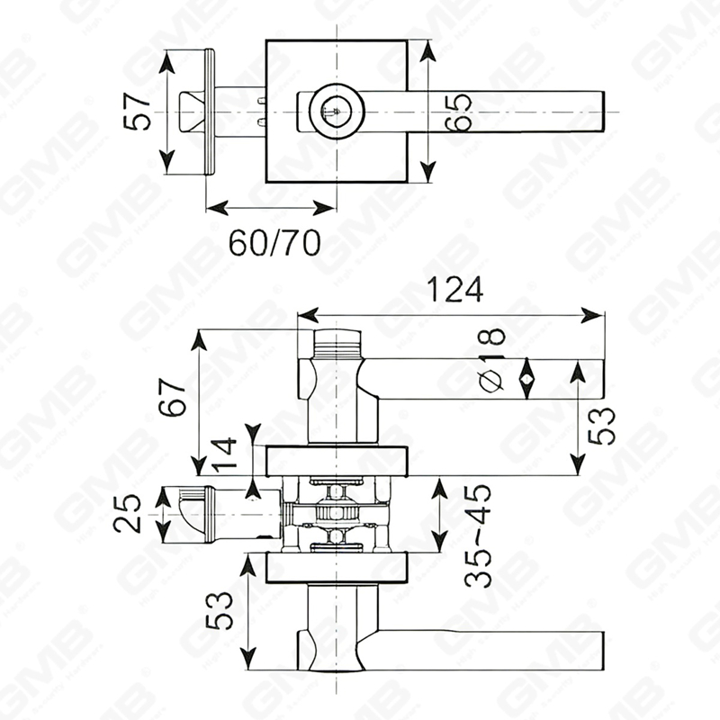 Serie de cerradura de puerta con palanca tubular de alta resistencia, cerradura de manija de puerta de entrada con roseta cuadrada de aleación de zinc (A2025)